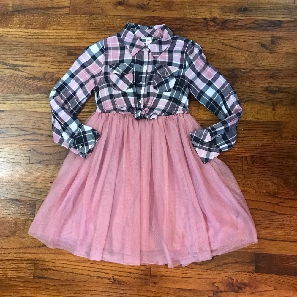 Girls Justice Pink / Black Plaid & Tulle Dress Size Medium 7 / 8 100% Polyester